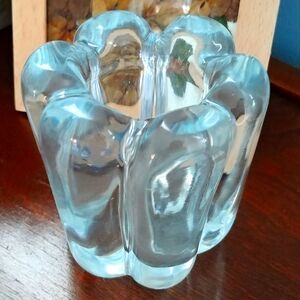 Orrefors Nils Landberg Signed Ice Blue Glass Vase Or Candle Holder From Sweden.